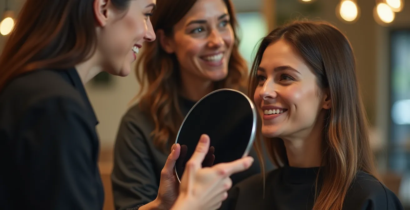 Un coiffeur professionnel donnant des conseils détaillés à sa cliente après une coupe et coloration