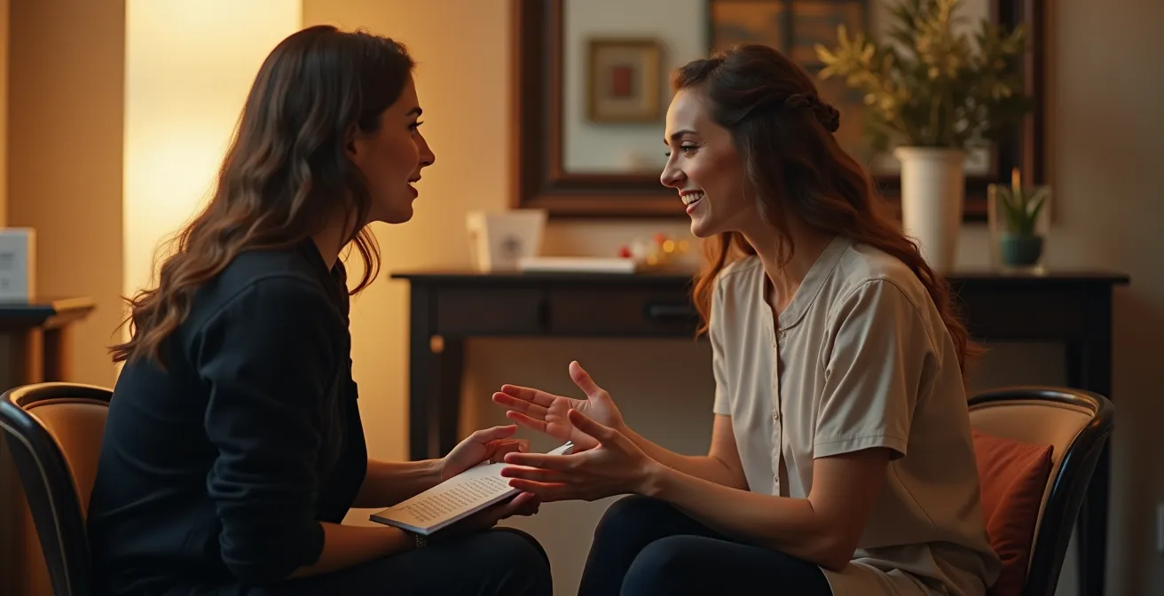 Un coiffeur et une cliente en pleine conversation, le coiffeur écoutant attentivement et notant les demandes, ambiance chaleureuse et de confiance