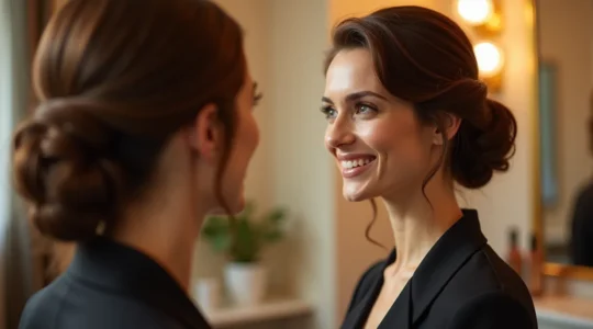 Femme admirant sa nouvelle coupe de cheveux de luxe dans un salon haut de gamme avec ambiance spa