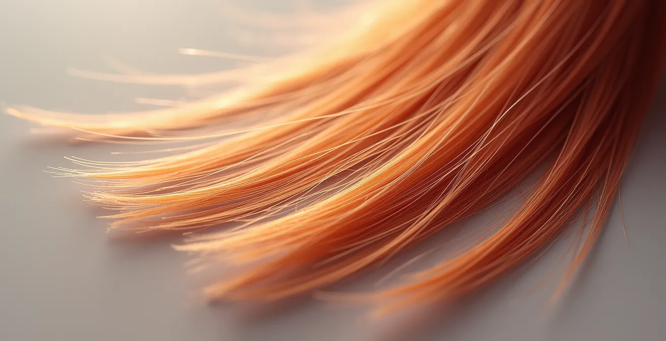 Macro-détail extrême d'une mèche de cheveu colorée, montrant la texture fine et la qualité structurelle