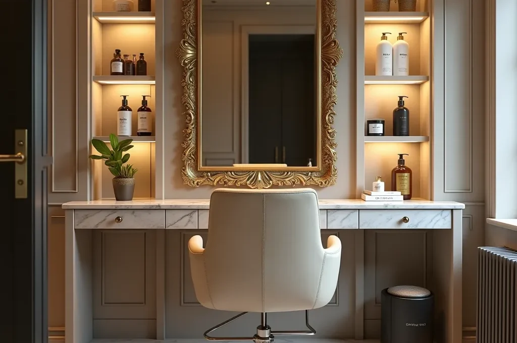 Un salon de coiffure haut de gamme avec fauteuil confortable, miroir doré et ambiance chaleureuse