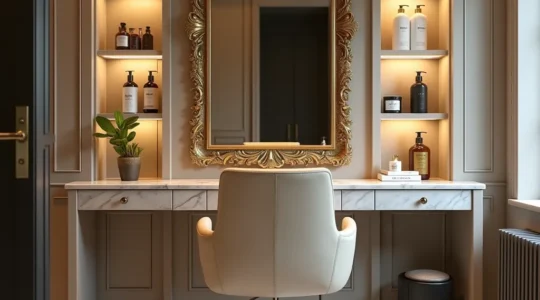 Un salon de coiffure haut de gamme avec fauteuil confortable, miroir doré et ambiance chaleureuse