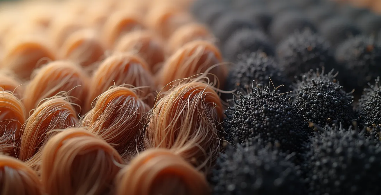 Photographie détaillée de cheveux avec différentes textures illustrant la porosité