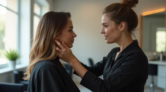 Portrait d'un coiffeur-visagiste en train d'analyser le visage d'une cliente dans un salon professionnel avec une lumière naturelle douce