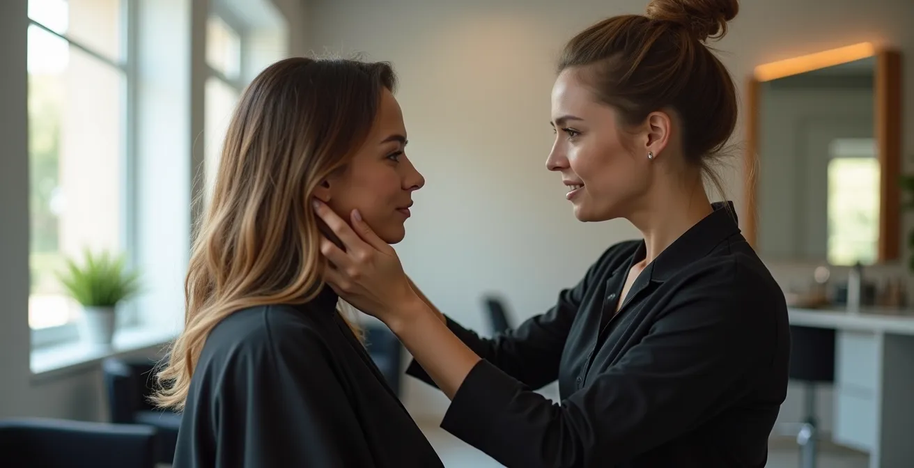 Portrait d'un coiffeur-visagiste en train d'analyser le visage d'une cliente dans un salon professionnel avec une lumière naturelle douce