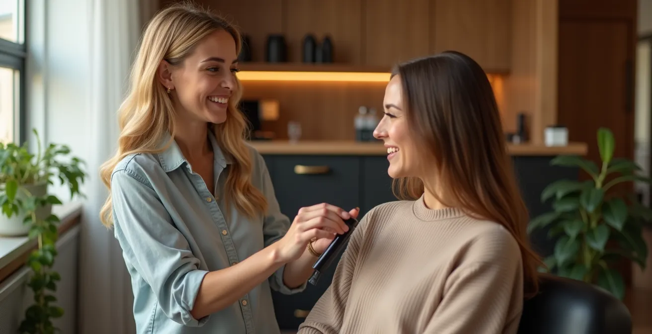 Moment de complicité entre coloriste et cliente lors d'une consultation personnalisée dans un salon chaleureux