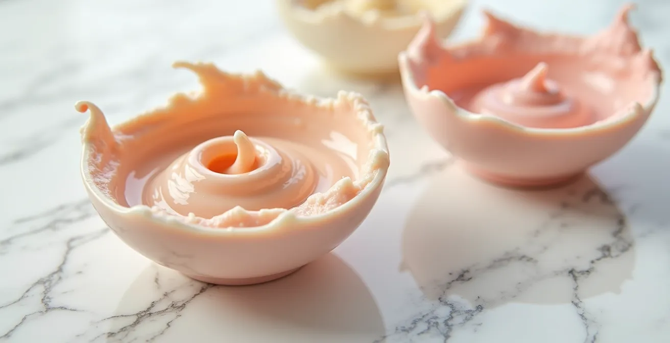 Détail macro d'un mélange de couleurs professionnelles avec textures crémeuses et reflets nacrés