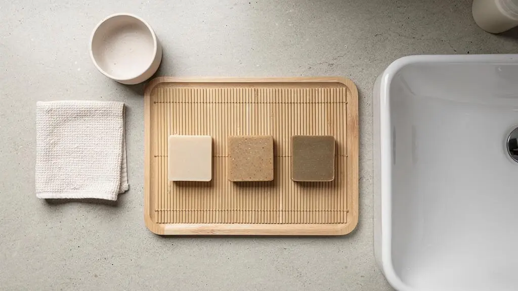 Vue de dessus d'une routine capillaire complète avec shampooing, après-shampooing et masque solides disposés sur un plateau en bois