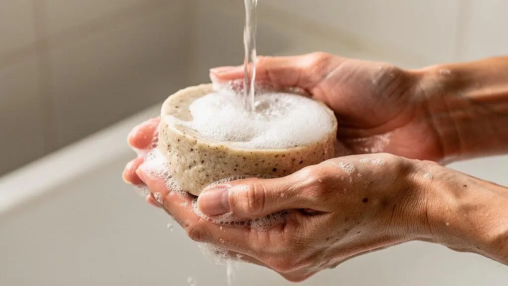 Mains tenant un shampoing solide sous l'eau créant une mousse naturelle