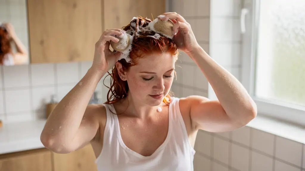 Femme aux cheveux colorés cuivrés appliquant un shampoing solide dans ses cheveux mouillés dans une salle de bain moderne